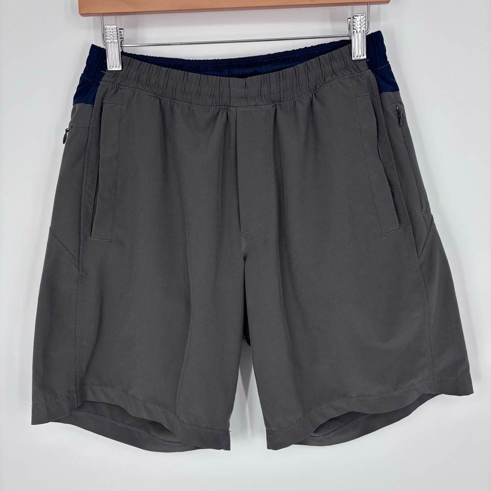 Birddogs Lined Gym Athletic Shorts Mens Medium Gray Navy Blue 7in Inseam Preppy